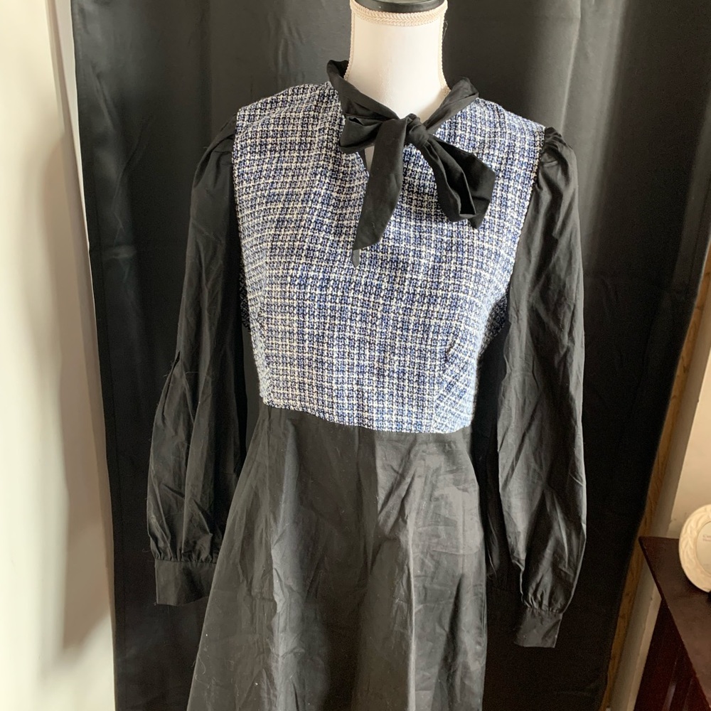 Tie neck contrast tweed A_line dress